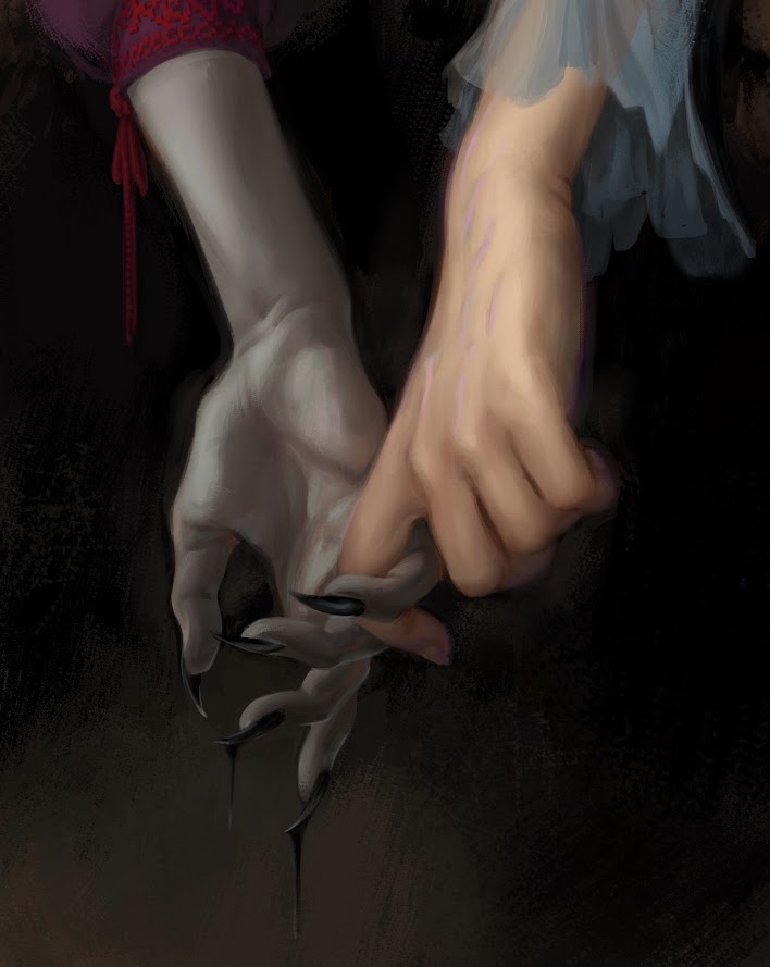 Closeup of Imogen and Laudna's hands clasped from Critical Role Campaign 3