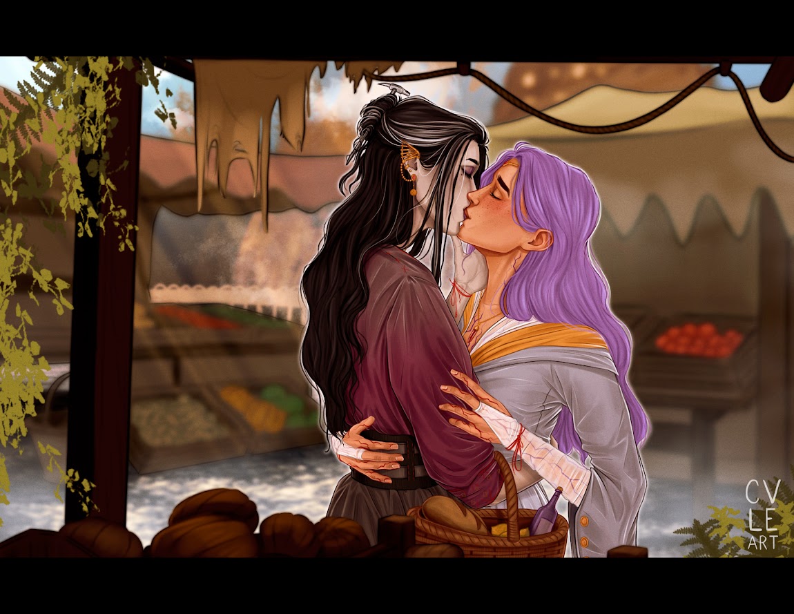 Imogen and Laudna from Critical Role Campaign 3 kissing outside