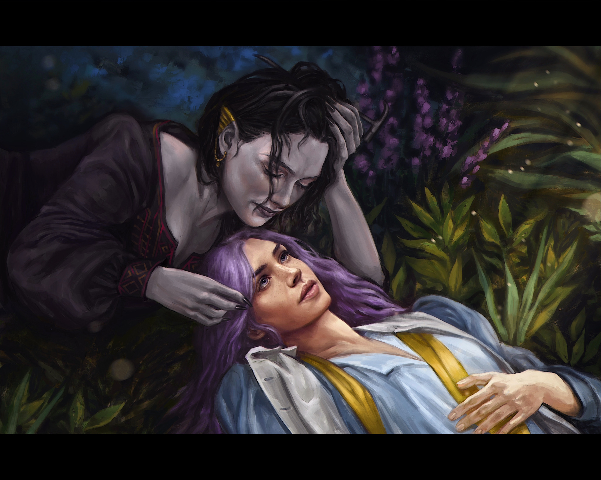 Imogen and Laudna from Critical Role Campaign 3 in a romantic atmosphere